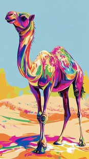 彩色梦幻骆驼立沙漠