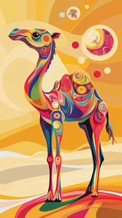 多彩梦幻骆驼绘于沙漠间