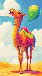 彩色骆驼在沙漠仰望气球