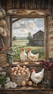 农舍窗台的鸡与丰收鸡蛋