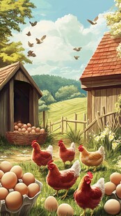 田园鸡舍旁的鸡蛋与鸡群