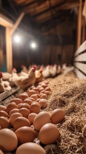 鸡舍内鸡蛋满满铺于稻草
