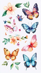 水彩蝴蝶与花卉图案集合