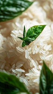 大米上的嫩绿叶片特写