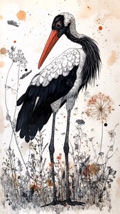 白鹳立花草间水彩画