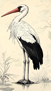 站立水边的优雅白鹳