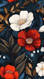 花卉图案 红蓝白花与叶交织