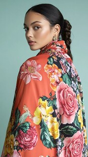 艳丽花卉披肩的时尚女性