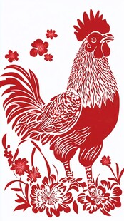 公鸡剪纸图 花卉相伴