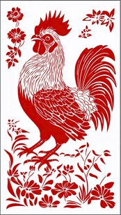 公鸡剪纸 花卉间的灵动风采