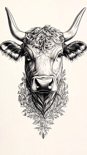 牛首黑白插画 枝叶环绕
