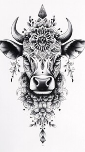 花卉装饰的牛头艺术图案