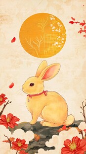 玉兔伴月赏繁花