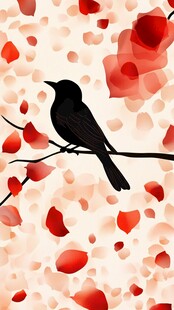 枝头黑鸟伴落英