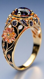 华丽花卉镶嵌宝石金戒指