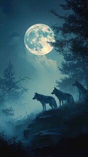 月夜狼群立于山林之巅