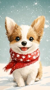 雪中小柯基戴红围巾卖萌