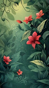 梦幻绿植间的娇艳红花