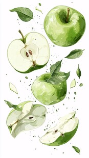 水彩青苹果及切片与叶片