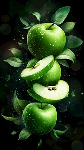 青苹果切片与绿叶梦幻组合