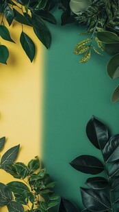 黄绿背景上的多彩植物叶片