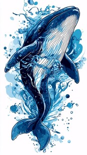 跃动蓝鲸与水花艺术插画