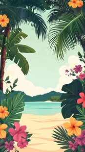 热带海滩花卉美景