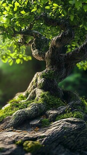 盘根错节的古朴盆景树