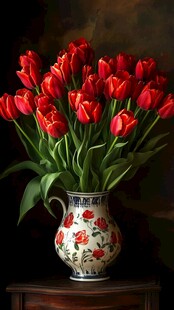 红郁金香插于复古花瓶中