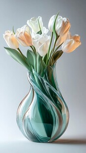 绿花瓶中绽放的美丽郁金香