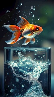 金鱼跃出玻璃杯瞬间