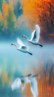 秋日双天鹅湖面优雅飞翔