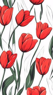 红色郁金香手绘花卉图案