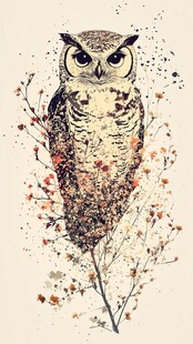 栖息枝头的水墨风猫头鹰