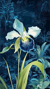 蓝白鸢尾花与繁茂绿植图景