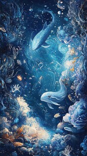 梦幻深海鲸鱼遨游图景
