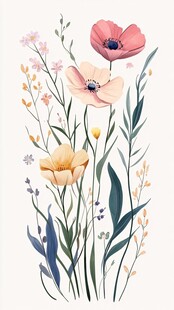 花卉插画 缤纷花朵与绿叶