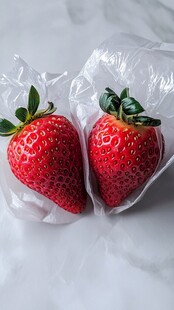 两颗新鲜袋装草莓特写