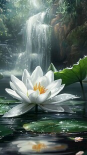 瀑布下的圣洁白莲花