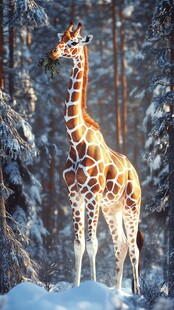 雪地中进食的高大长颈鹿