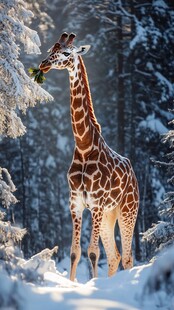 雪地中进食的优雅长颈鹿