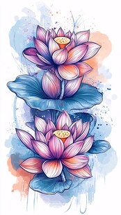 水彩风格双生梦幻莲花图