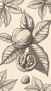 手绘核桃与枝叶插画图案