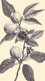 可可树果实枝叶手绘插画