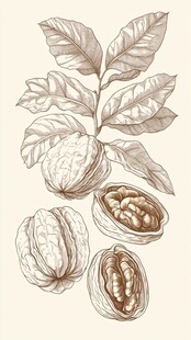 手绘核桃及枝叶植物插画