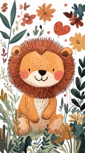 可爱小狮子置身花草间