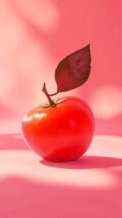 红苹果配单叶 梦幻粉色背景