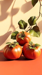 三个柿子与绿叶的静物图