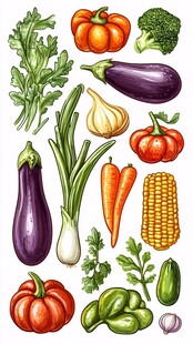 多样新鲜蔬菜插画集合