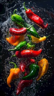 彩椒入水溅起晶莹水花